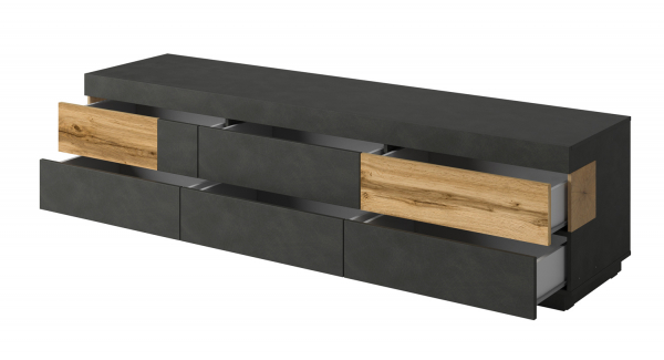 Comoda Tv Arya 210 cm, negru mat/stejar wotan, 6 sertare [2]