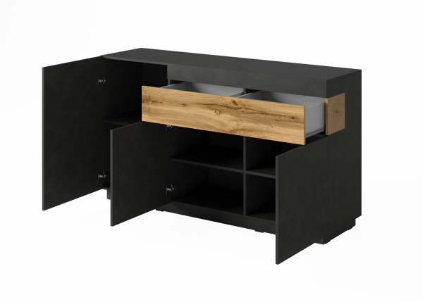 Comoda living neagra Arya 150x85 cm, negru mat/stejar wotan, 3 usi + sertar [2]
