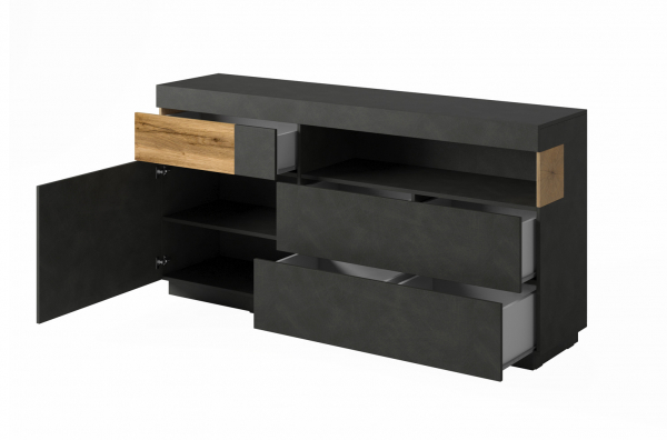Comoda living neagra Arya 170x85 cm, negru mat/stejar wotan, 3 sertare [2]