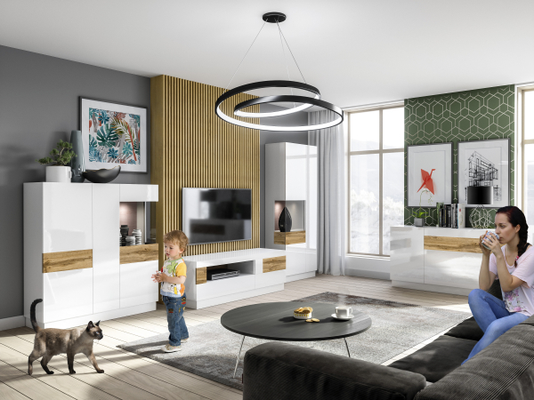 Comoda living alb lucios Arya 150x85 cm, alb/stejar wota, 3 usi + sertar [3]