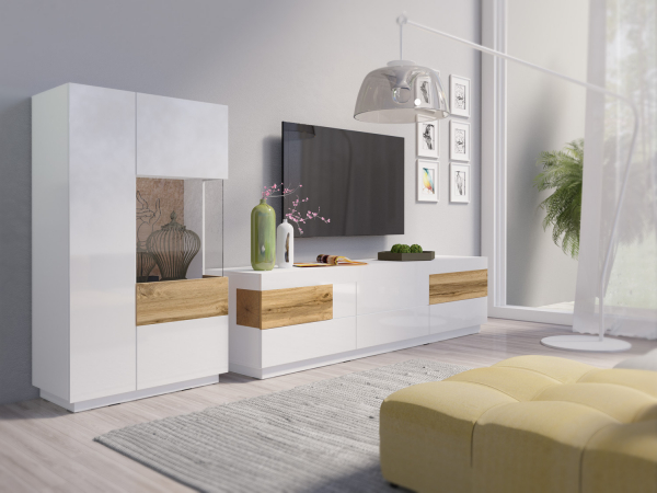 Vitrina living alb lucios Arya 80x140 cm, alb/stejar wotan, iluminare LED [3]