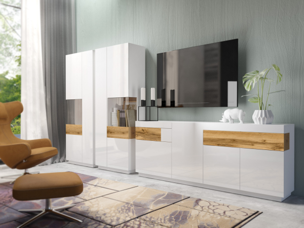 Comoda living alb lucios Arya 220x85 cm, alb/stejar wotan, 4 usi + 2 sertare [3]