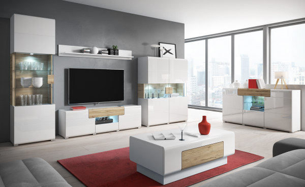 Vitrina living alba Vinson, iluminare LED si sticla, MDF alb lucios, 147x132x39 cm [3]