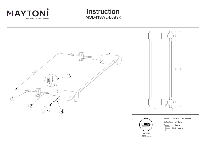 Aplică de perete Rotta, Aluminiu Negru, 6W, MAYTONI MOD413WL-L6B3K [7]