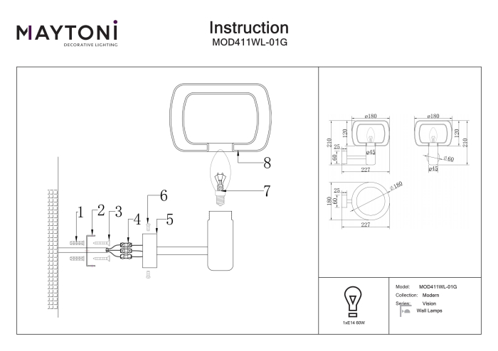 Aplică de perete Vision, Aluminiu Auriu, 60W, MAYTONI MOD411WL-01G [6]