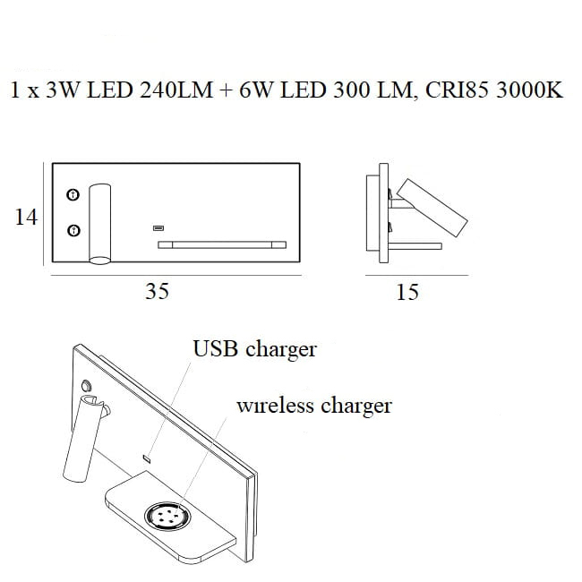 Aplica perete alba/neagra LED Jameia 35x15x14 cm, incarcator wireless, port USB, W0291 - Maxlight [5]