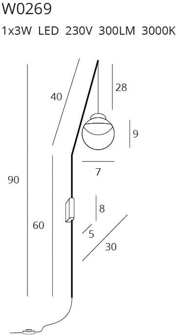 Aplica perete LED 30x90 cm stil minimalist Hafsa cu glob suspendat, W0269 - Maxlight [4]