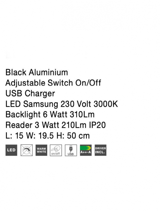 Aplica perete LED ajustabila neagra/alba Roni, cu suport telefon si USB, 9173282 - Novaluce [9]