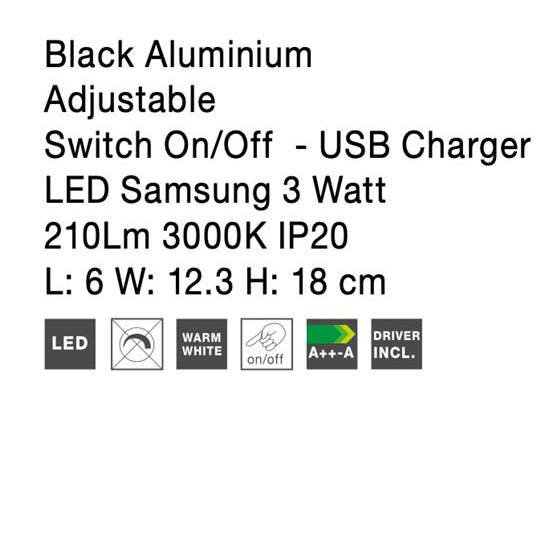 Aplica perete LED ajustabila neagra/alba Trevi, din metal, cu port USB, 9170102 - Novaluce [9]