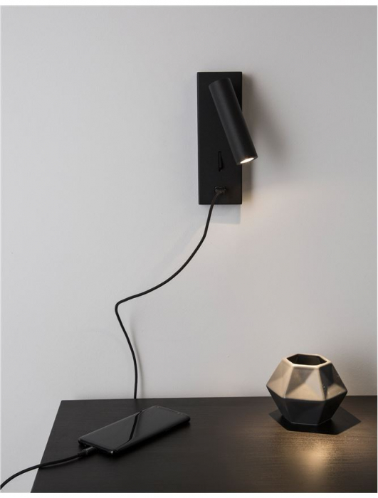 Aplica perete LED ajustabila neagra/alba Trevi, din metal, cu port USB, 9170102 - Novaluce [2]