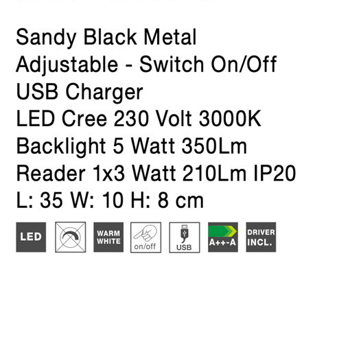 Aplica perete LED liniara neagra/alba Norbi, cu cititor stanga/dreapta ajustabil, din metal, cu port USB, 9533521 - Novaluce [8]