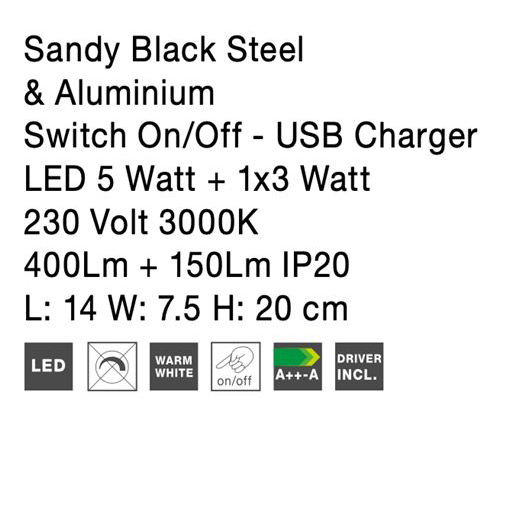 Aplica perete LED neagra/alba Lazar, cu cititor ajustabil, din metal, cu port USB, 9018501 - Novaluce [14]