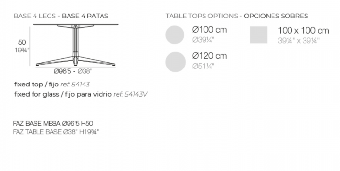 Baza 4 picioare masa exterior Faz din aluminiu √∏96,5X50 cm, fixa/pentru blat sticla diverse finisaje, 54143 - Vondom [6]