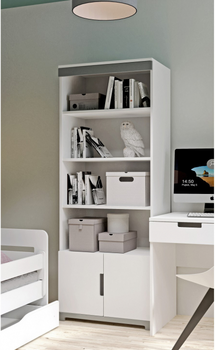 Biblioteca copii Tomi MDF alb 70x182 cm, rafturi si dulapior inchis [2]