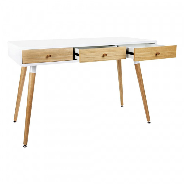 Birou alb Gates 120x55 cm cu 3 sertare lemn masiv stejar, MDF alb mat, LL-009 - King [3]