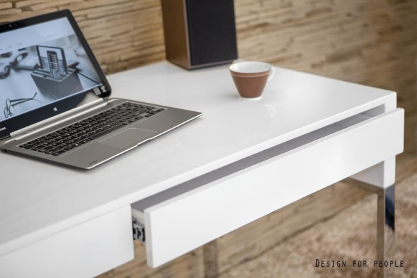 Birou Bora 120 cm MDF alb lucios cu sertare, picioare otel crom, S-499-22199 - Unique [4]