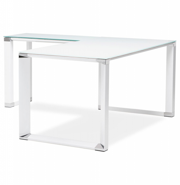 Birou managerial alb in forma de L Warner III 170 cm, sticla securizata alba, picioare albe otel, OT00210WH - Kokoon [2]
