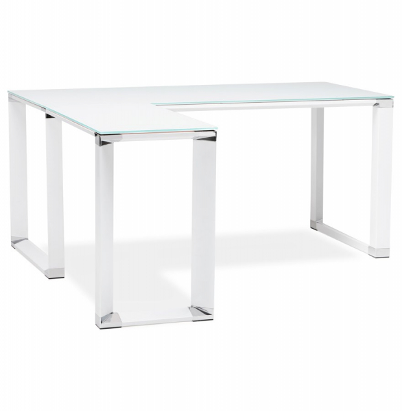 Birou managerial alb in forma de L Warner III 170 cm, sticla securizata alba, picioare albe otel, OT00210WH - Kokoon [8]