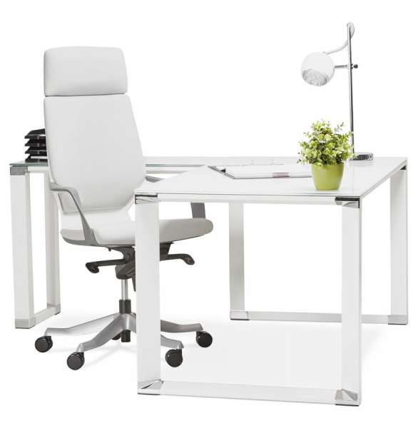 Birou managerial alb in forma de L Warner III 170 cm, sticla securizata alba, picioare albe otel, OT00210WH - Kokoon [19]