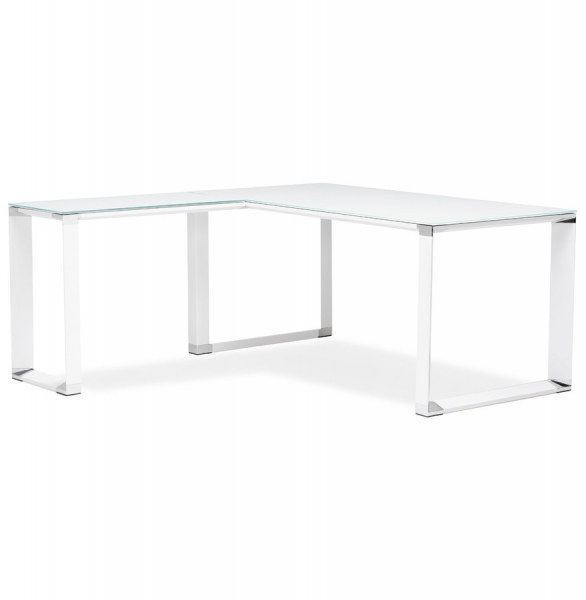 Birou managerial alb in forma de L Warner III 170 cm, sticla securizata alba, picioare albe otel, OT00210WH - Kokoon [5]