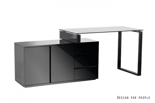 Birou Marin 120x75 cm sticla securizata si casetiera MDF negru lucios, TCD-1300 - Unique [2]