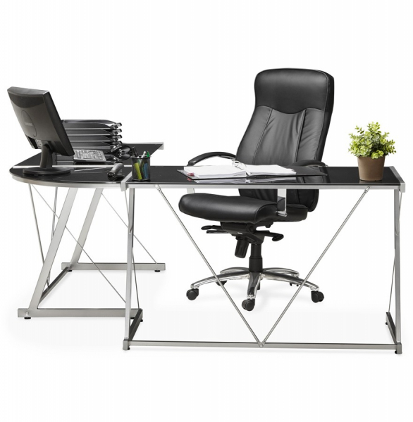Birou negru modern Juha in forma de L 180x180 cm sticla securizata, picioare otel, OT00150BL - Kokoon [15]