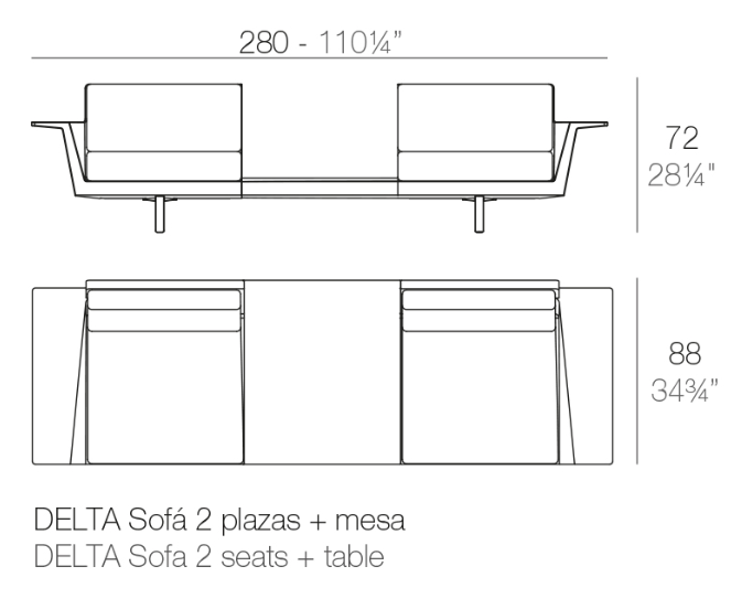 Canapea exterior 2 locuri+masa premium Delta, 280x88x72 cm, rasina de polietilena, structura aluminiu, 76013 - Vondom [2]