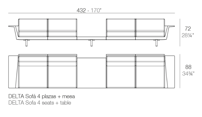 Canapea exterior 4 locuri+masa premium Delta, 432x88x72 cm, rasina de polietilena, structura aluminiu, 76015F - Vondom [2]
