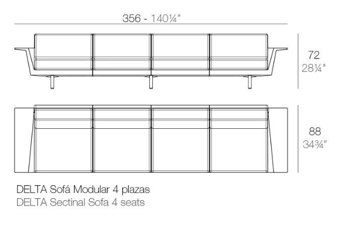 Canapea exterior premium Delta, 4 locuri 356x88x72 cm, rasina de polietilena, structura aluminiu, 76011 - Vondom [2]