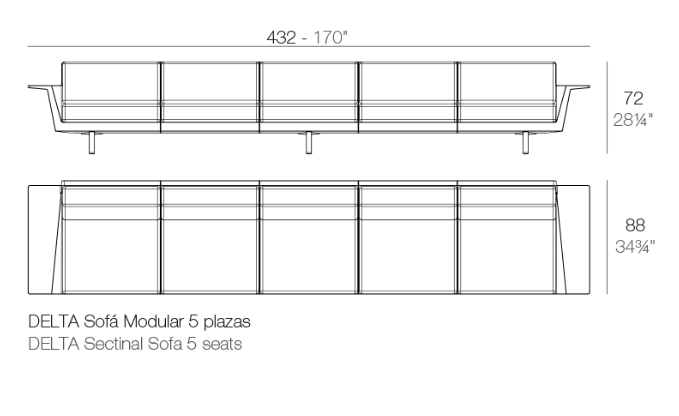 Canapea exterior premium Delta, 5 locuri 432x88x72 cm, rasina de polietilena, structura aluminiu, 76012F - Vondom [2]