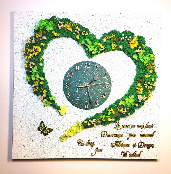Ceas cu licheni in forma de inimioara Heart 40/50 cm verde & galben, CS40LF_GRN_YEL_40 - Lacraru [2]
