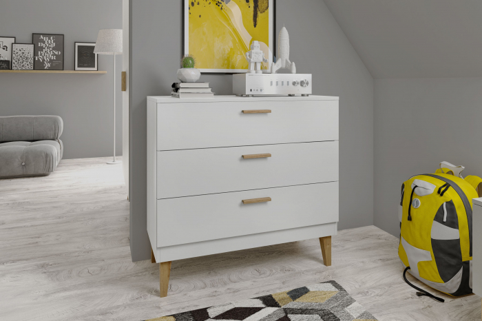 Comoda cu sertare alba/gri Kubi, picioare inalte lemn masiv stejar, design scandinav [2]