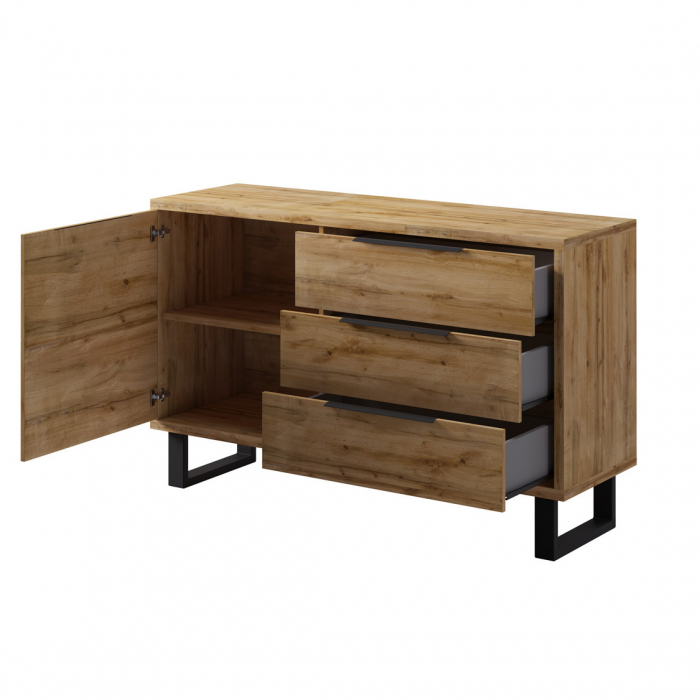 Comoda inalta living lemn stejar Ommomar cu trei sertare si usa, 144 cm, stil industrial [2]