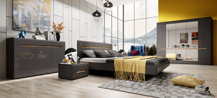 Comoda inalta MDF gri lucios/stejar Galaxy Antracyt 136x92 cm, trei sertare si trei usi, design modern [3]