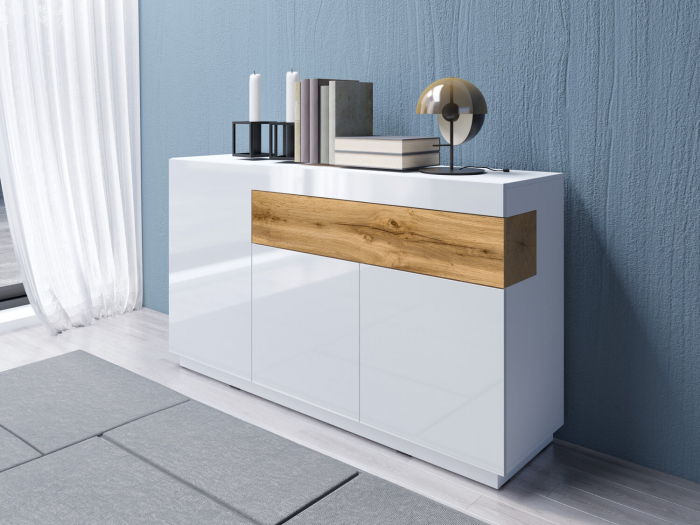 Comoda living alb lucios Arya 150x85 cm, alb/stejar wota, 3 usi + sertar [2]