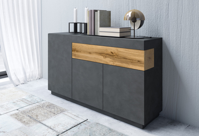 Comoda living neagra Arya 150x85 cm, negru mat/stejar wotan, 3 usi + sertar [4]