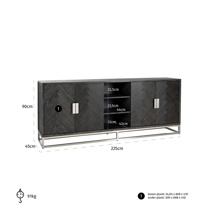 Comoda lux neagra 4 usi Geral, 225 cm, din stejar cu baza si manere otel inoxidabil auriu/argintiu/alama, 7376 - Richmond Interiors [18]