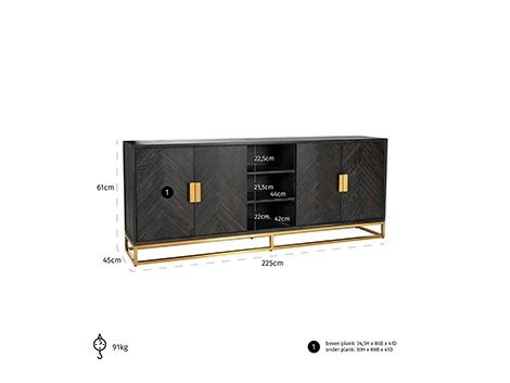 Comoda lux neagra 4 usi Geral, 225 cm, din stejar cu baza si manere otel inoxidabil auriu/argintiu/alama, 7376 - Richmond Interiors [14]