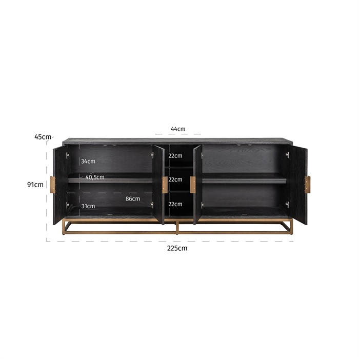 Comoda lux neagra 4 usi Geral, 225 cm, din stejar cu baza si manere otel inoxidabil auriu/argintiu/alama, 7376 - Richmond Interiors [13]