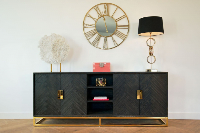 Comoda lux neagra 4 usi Geral, 225 cm, din stejar cu baza si manere otel inoxidabil auriu/argintiu/alama, 7376 - Richmond Interiors [21]
