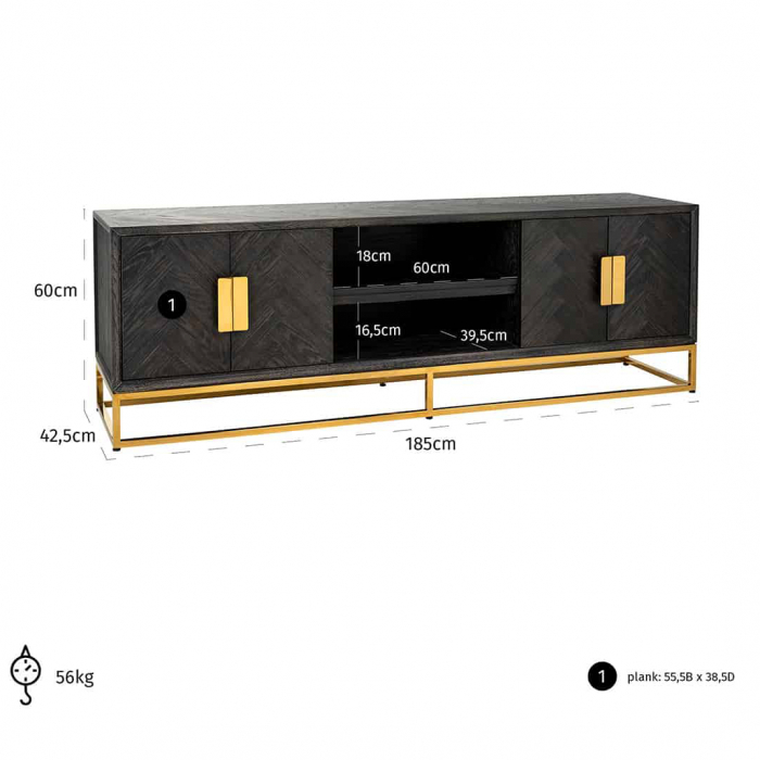 Comoda TV lux neagra cu 4 usi Geral, 185/200/220 cm, din stejar cu baza si manere otel inoxidabil auriu/argintiu/alama, 7374 - Richmond Interiors [18]