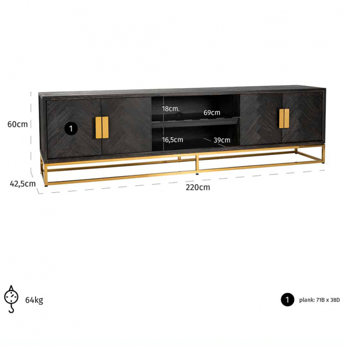 Comoda TV lux neagra cu 4 usi Geral, 185/200/220 cm, din stejar cu baza si manere otel inoxidabil auriu/argintiu/alama, 7374 - Richmond Interiors [23]