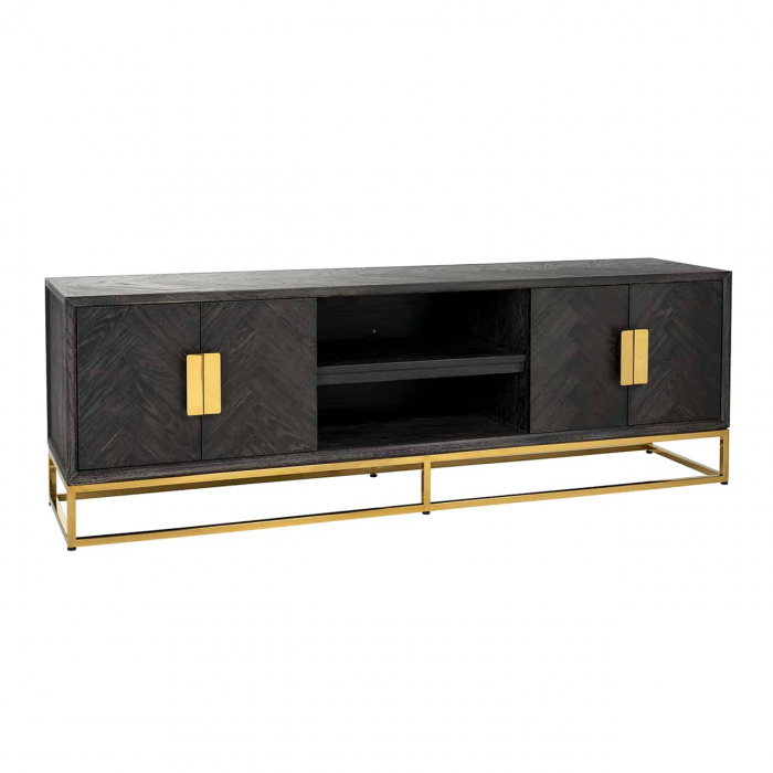Comoda TV lux neagra cu 4 usi Geral, 185/200/220 cm, din stejar cu baza si manere otel inoxidabil auriu/argintiu/alama, 7374 - Richmond Interiors [15]
