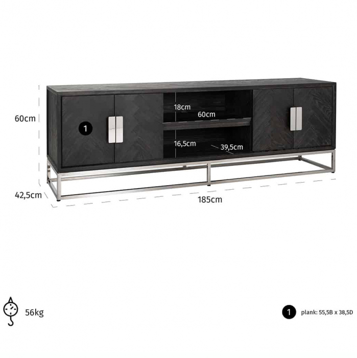 Comoda TV lux neagra cu 4 usi Geral, 185/200/220 cm, din stejar cu baza si manere otel inoxidabil auriu/argintiu/alama, 7374 - Richmond Interiors [13]