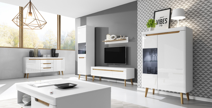 Comoda Tv Norton 110 cm cu sertare, MDF alb lucios/stejar, design scandinav [2]