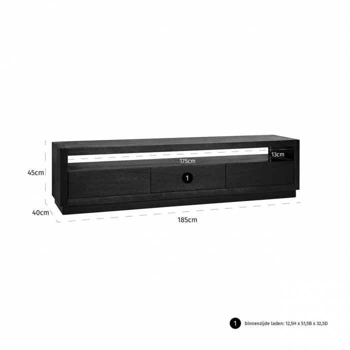 Comoda TV premium neagra cu 3 sertare Kelda, 185 cm, furnir stejar, 6503 BLACK - Richmond Interiors [5]