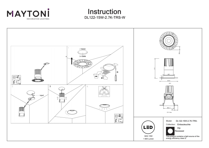 Corp de iluminat încastrat Dip Alb Aluminiu 15W MAYTONI DL122-15W-2.7K-TRS-W [4]