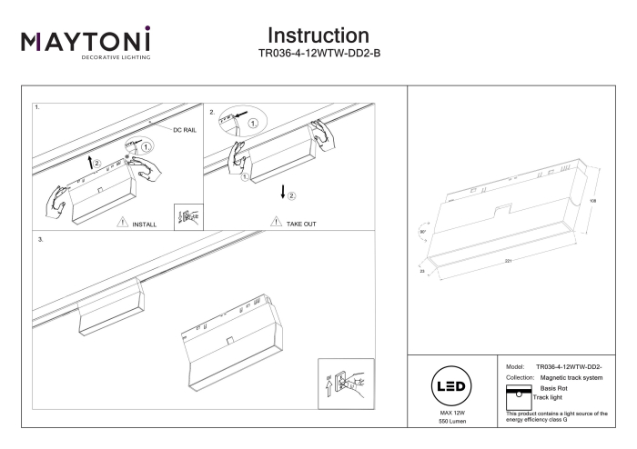 Corp de iluminat pe șină Bază Rotativă, Aluminiu Negru, 12W, MAYTONI TR036-4-12WTW-DD2-B [3]