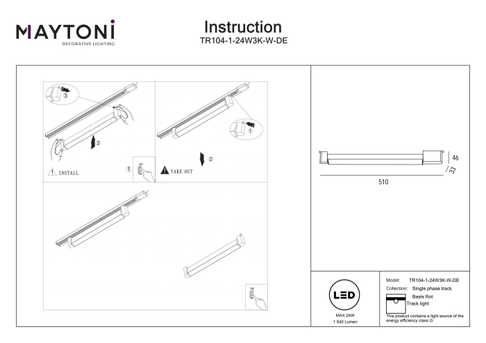 Corp de iluminat pe șină Bază Rotativă, Aluminiu și plastic Alb, 24W, MAYTONI TR104-1-24W3K-W-DE [4]