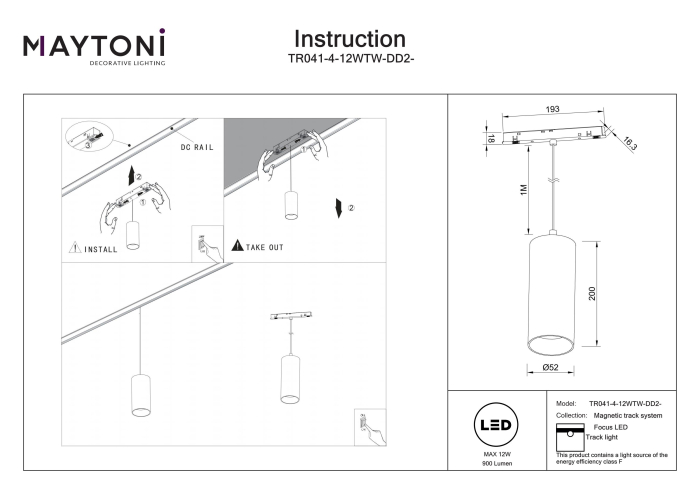 Corp de iluminat pe șină Focus LED, Aluminiu Alb, 12W, MAYTONI TR041-4-12WTW-DD2-W [5]